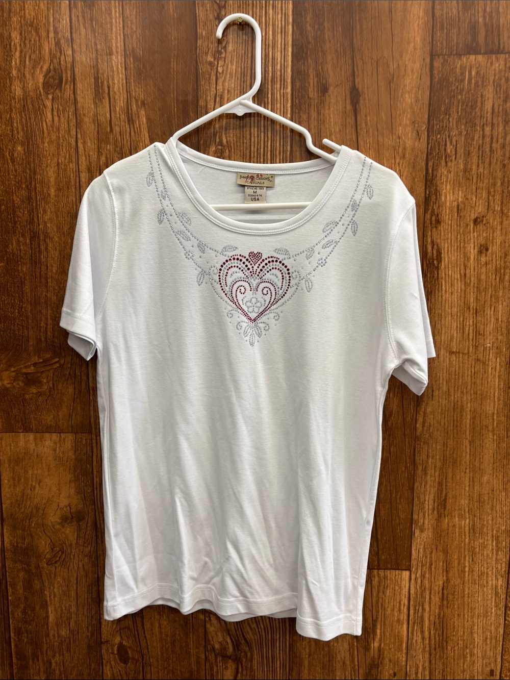 Isaac’s Designs White Short-Sleeve Tee with Faux Gems Heart Detail